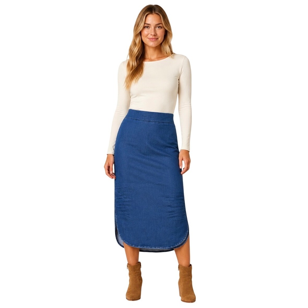 Frank & Eileen Donegal Denim Skirt Medium Blue Wash Pull On Midi Size 4